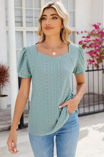 Eyelet Puff Sleeve T-Shirt Gum Leaf Women's T-Shirts - Tophatter Daily Deals